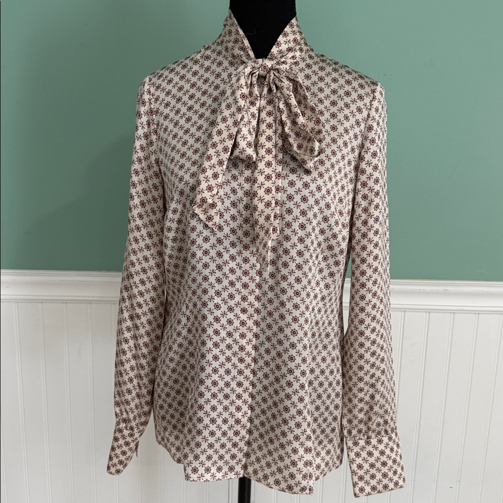 Brooks Brothers Cream Button-Down Tie-Neck Blouse with Brown Floral Print